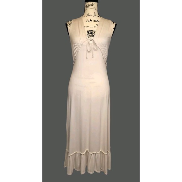 21 Saints Womens MED Beige Minimalist Maxi Dress Ruffle Hem Plunge Neck - Picture 1 of 8